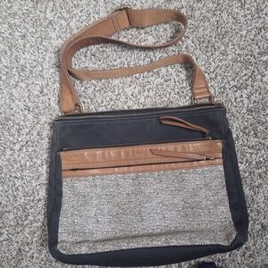 Vtg Fossil Leather And Canvas Purse Tote Carry All Black